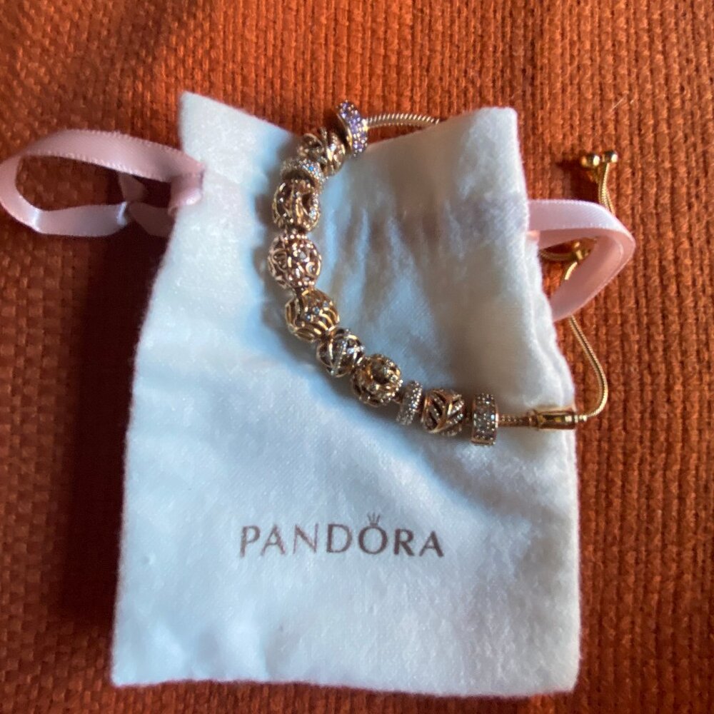 PANDORA Rose Gold Adjustable Bracelet with Vintage Charms